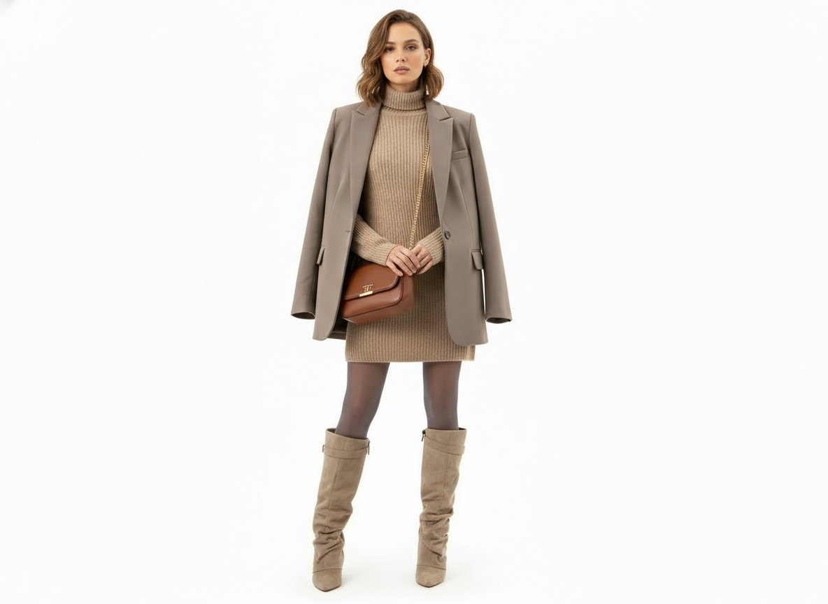 Woman wearing beige suede slouchy knee-high boots with a neutral outfit.
