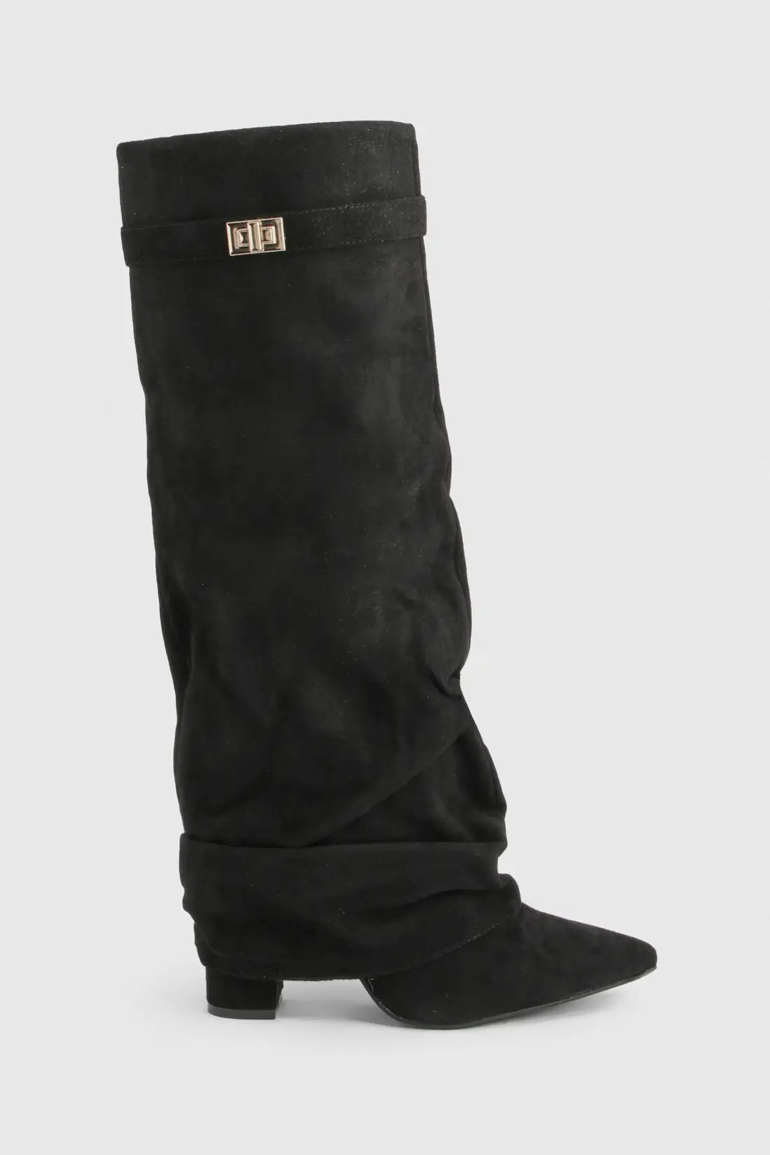 Black knee-high suede boots with a low block heel and small buckle detail.