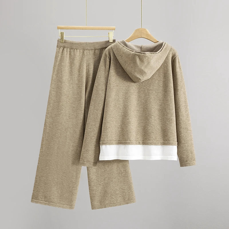 Alyna Women’s Knitted Tracksuit Set – Relaxed Hooded Top & Wide-Leg Trousers