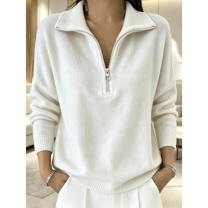 White quarter-zip pullover sweater with a soft textured finish, long sleeves, ribbed cuffs, and hem