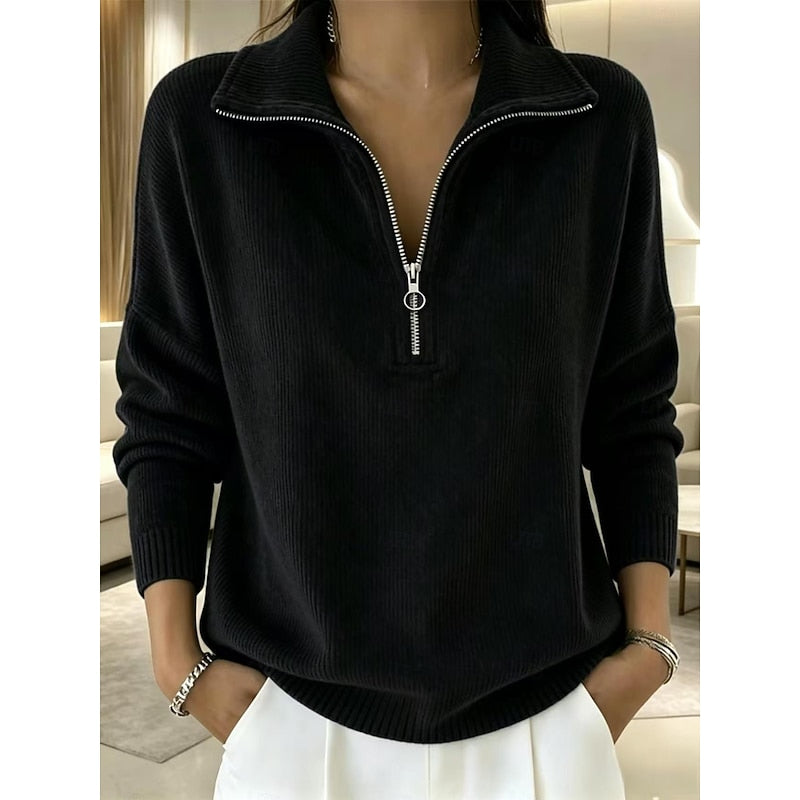Black quarter-zip pullover sweater with a soft textured finish, long sleeves, ribbed cuffs, and hem