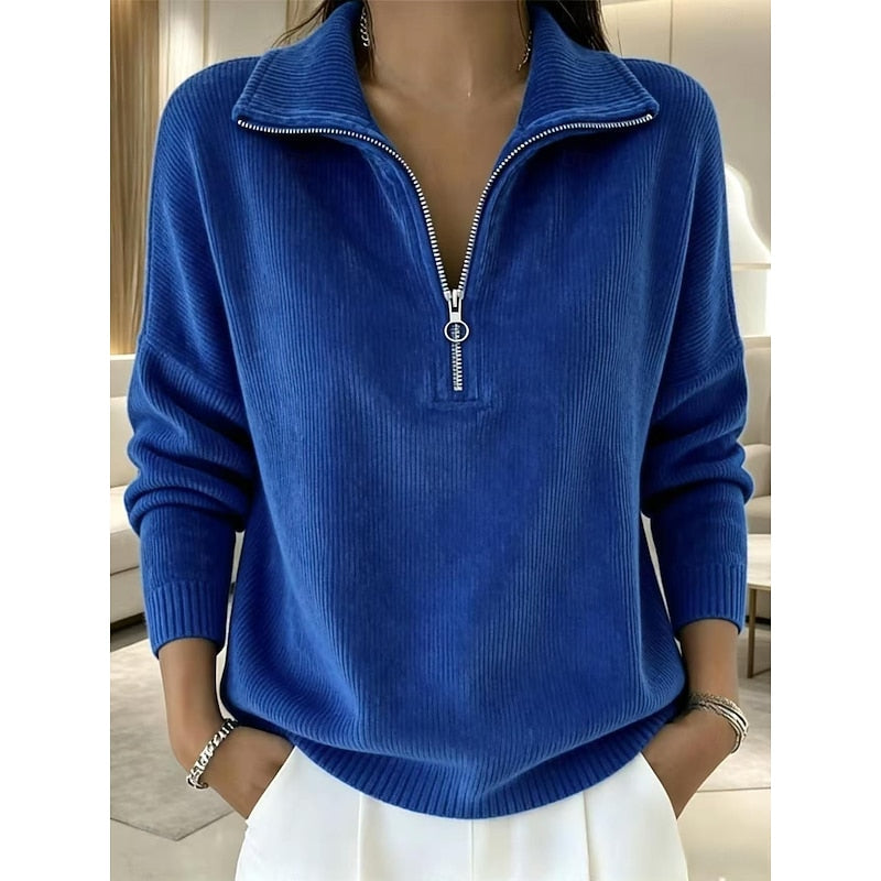 Blue quarter-zip pullover sweater with a soft textured finish, long sleeves, ribbed cuffs, and hem