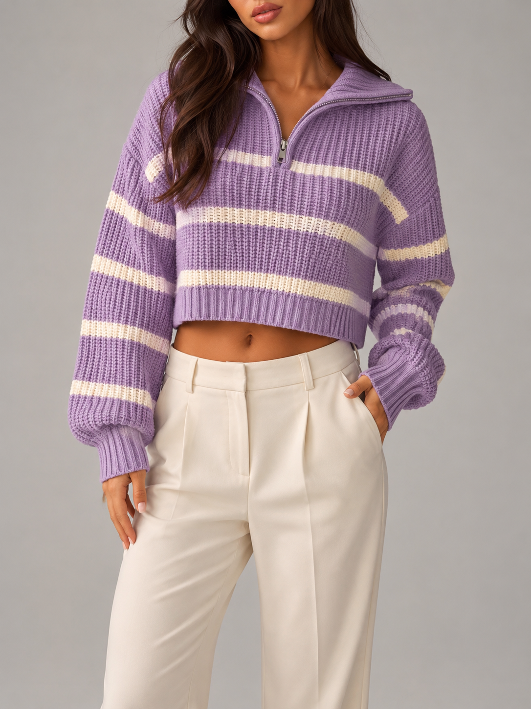 Purple and White striped knit half-zip sweater worn by a female model, front view