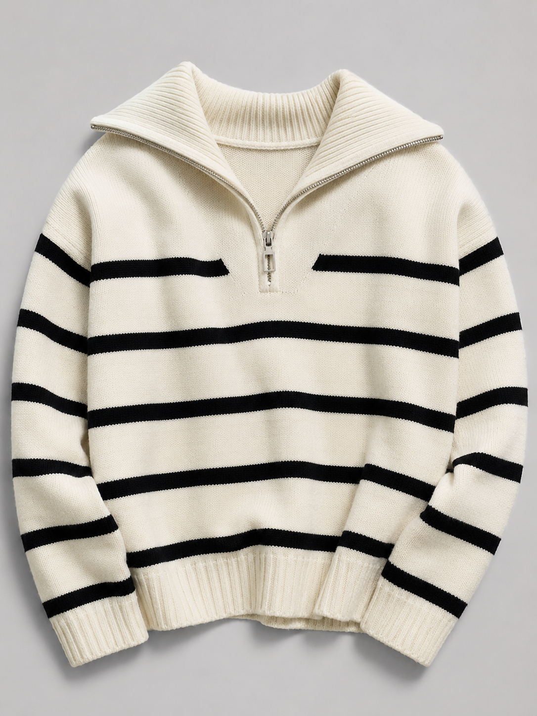 White and Black striped knit half-zip sweater shown flat, front view