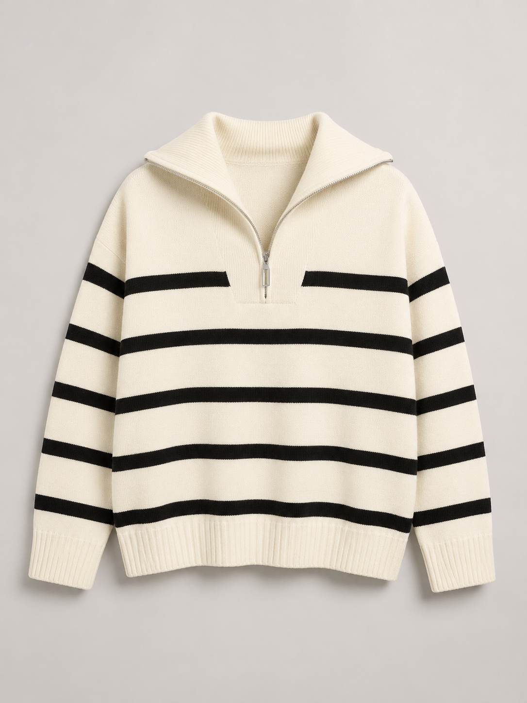 Front and Black striped knit half-zip sweater shown flat, front three-quarter view