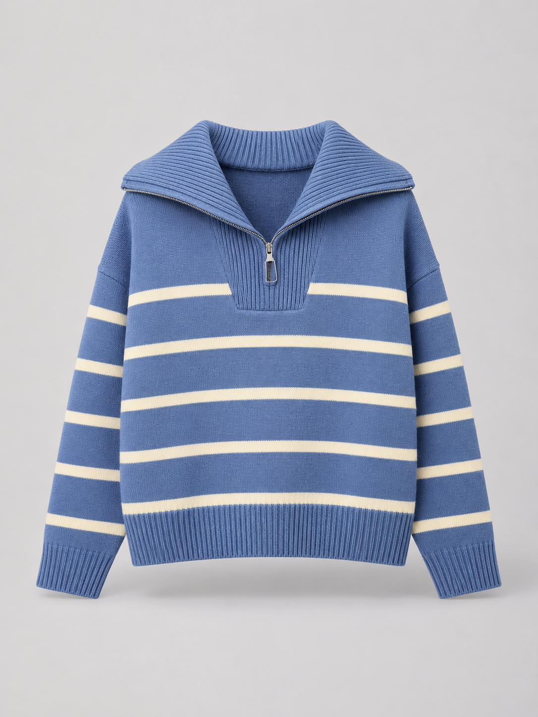 Blue and White striped knit half-zip sweater shown flat, front view