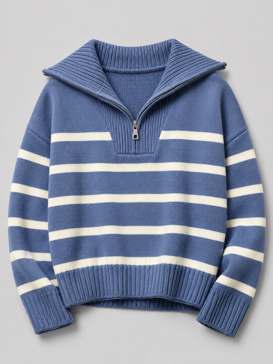Blue and White striped knit half-zip sweater shown flat, front view