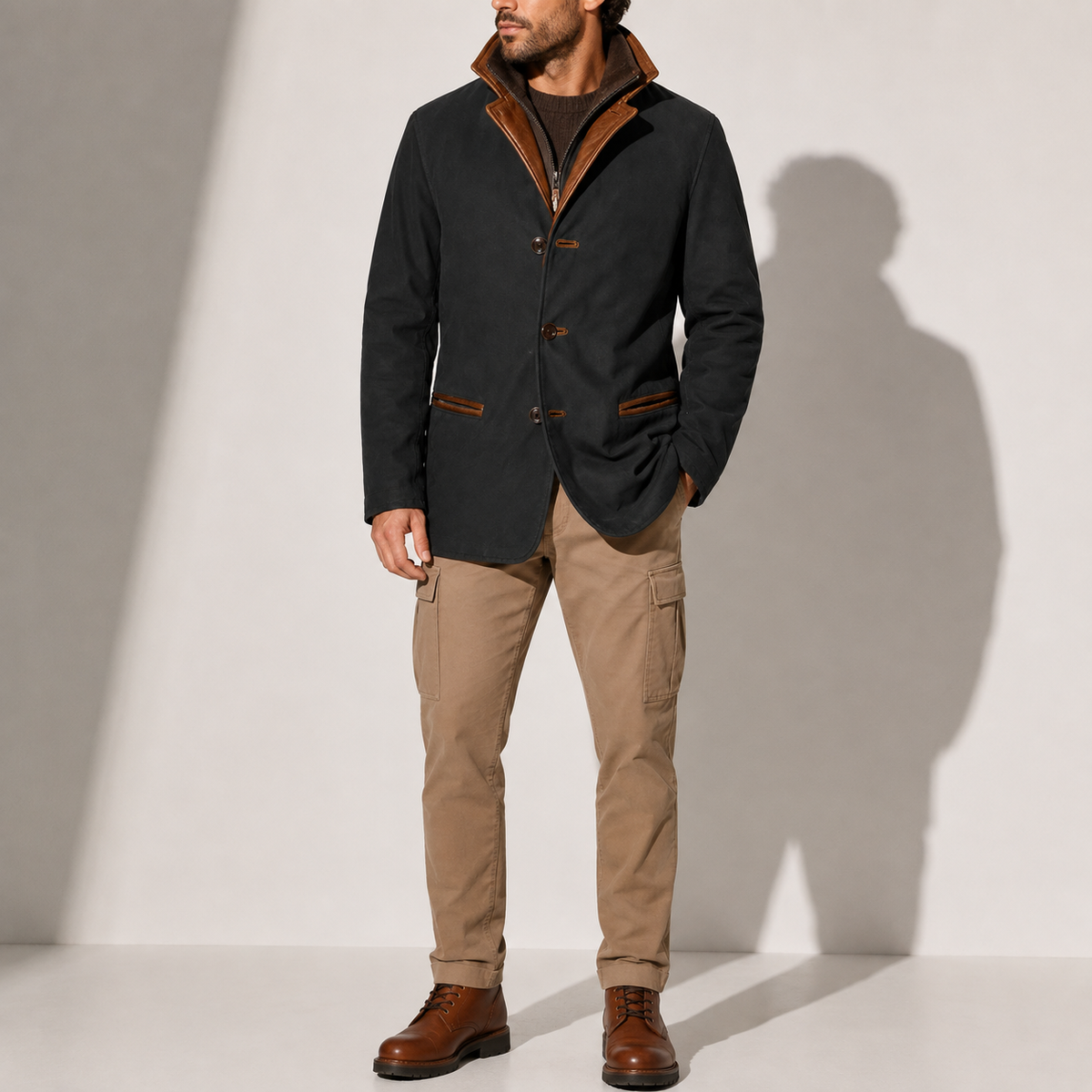 A man wearing a black suede blazer jacket with a stand collar, tailored fit, and button front