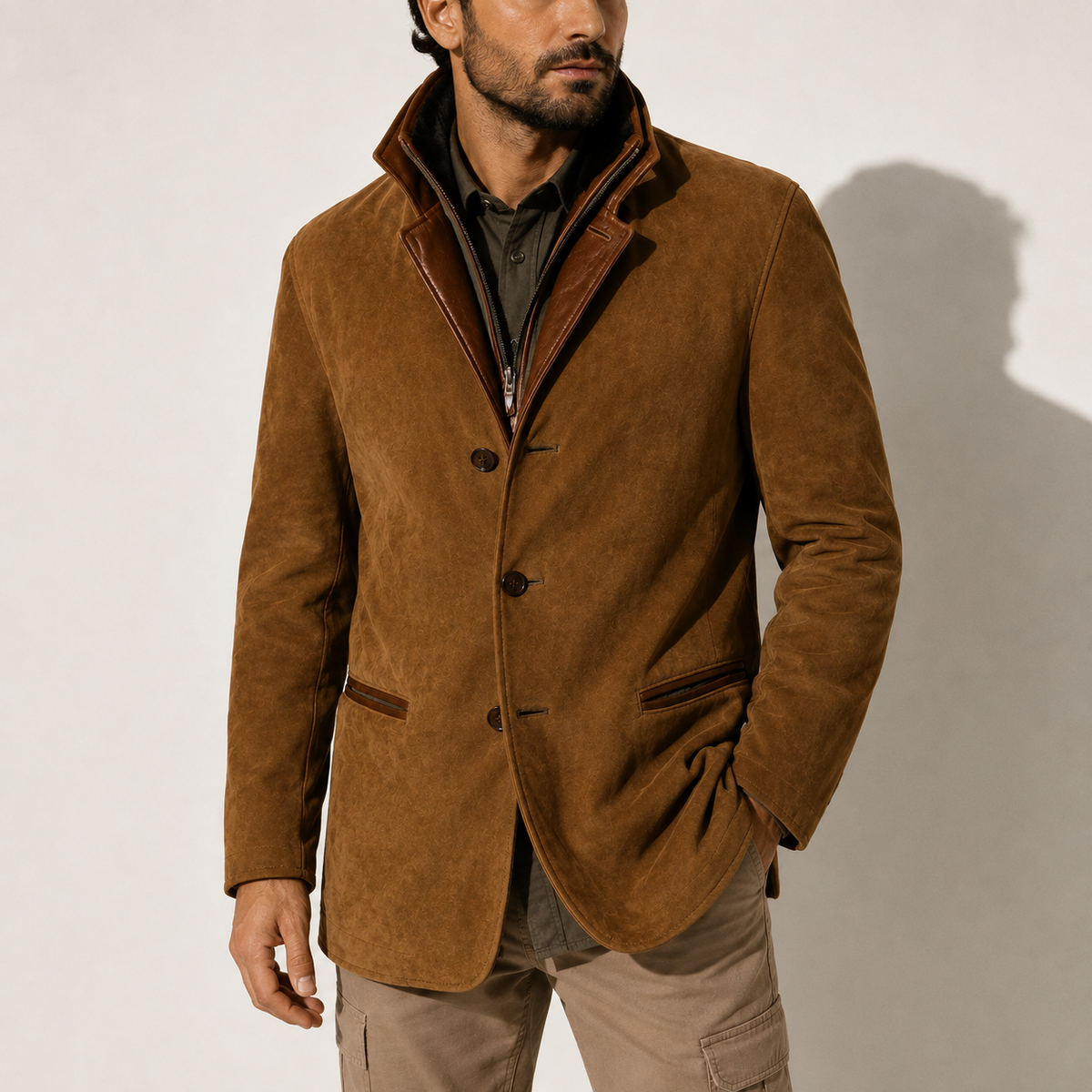 A man wearing a brown suede blazer jacket with a stand collar, tailored fit, button front, and contrast trim
