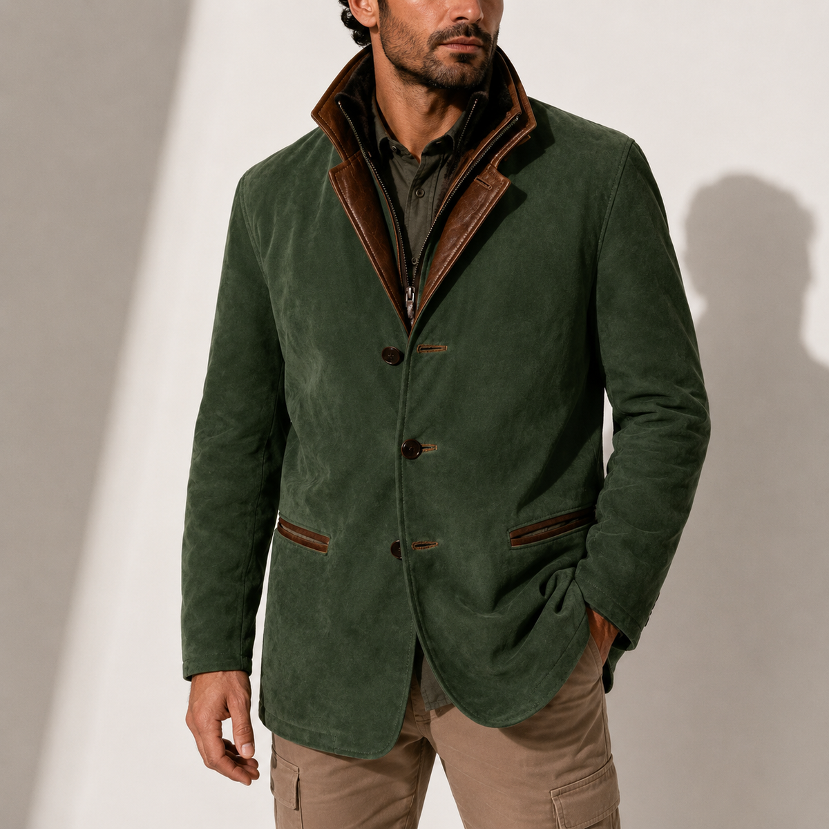 A man wearing a green suede blazer jacket with a stand collar, tailored fit, button front, and contrast trim