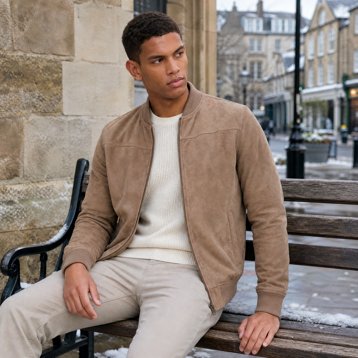 A man wearing a brown suede bomber jacket with a zip-up front and stand collar, seated outdoors