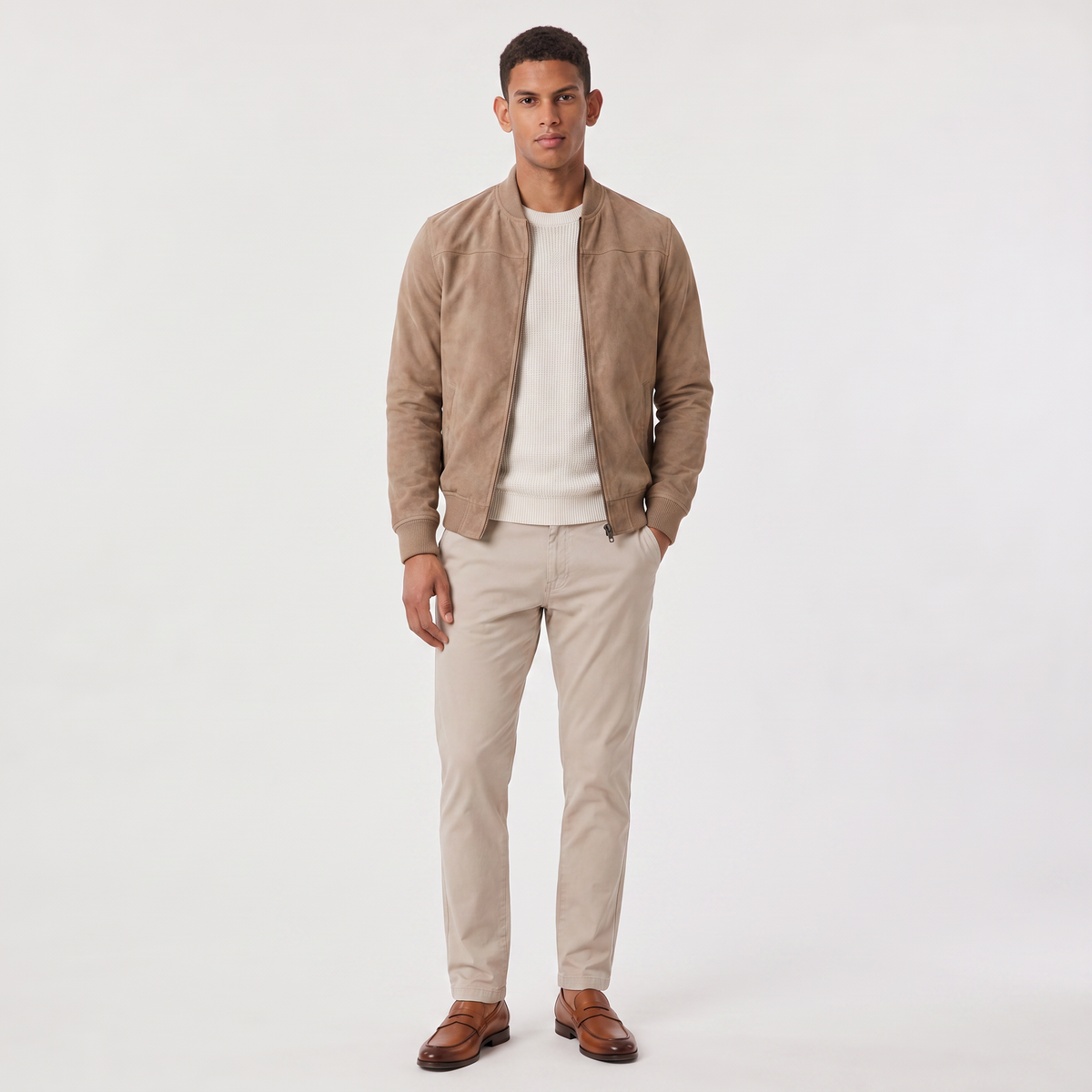 A man wearing a brown suede bomber jacket with a zip-up front, stand collar, and ribbed cuffs, full-body view