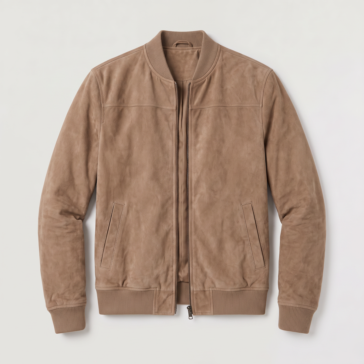 Brown suede bomber jacket with a zip-up front, stand collar, and ribbed cuffs, shown flat
