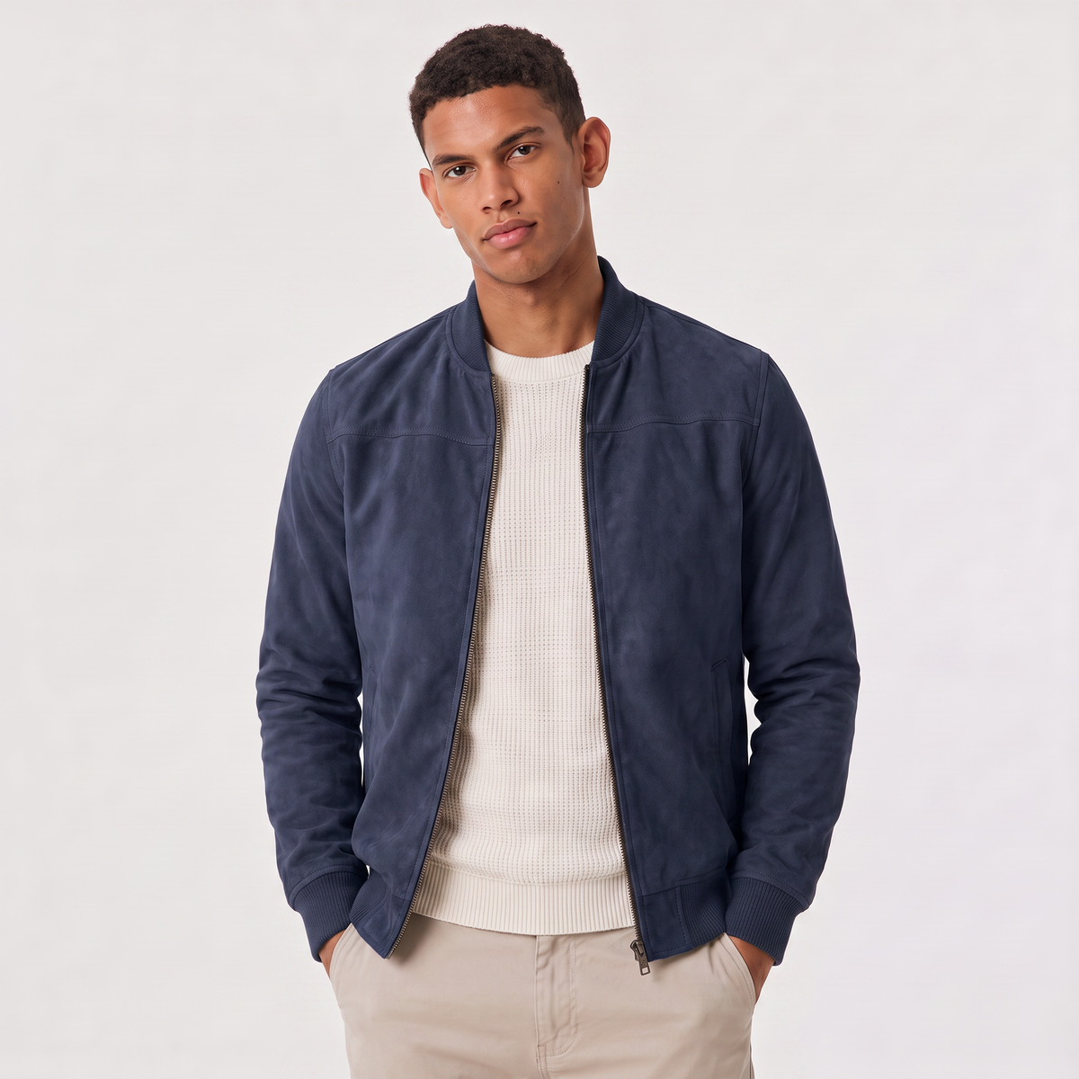 A man wearing a navy blue suede bomber jacket with a zip-up front, stand collar, and ribbed cuffs