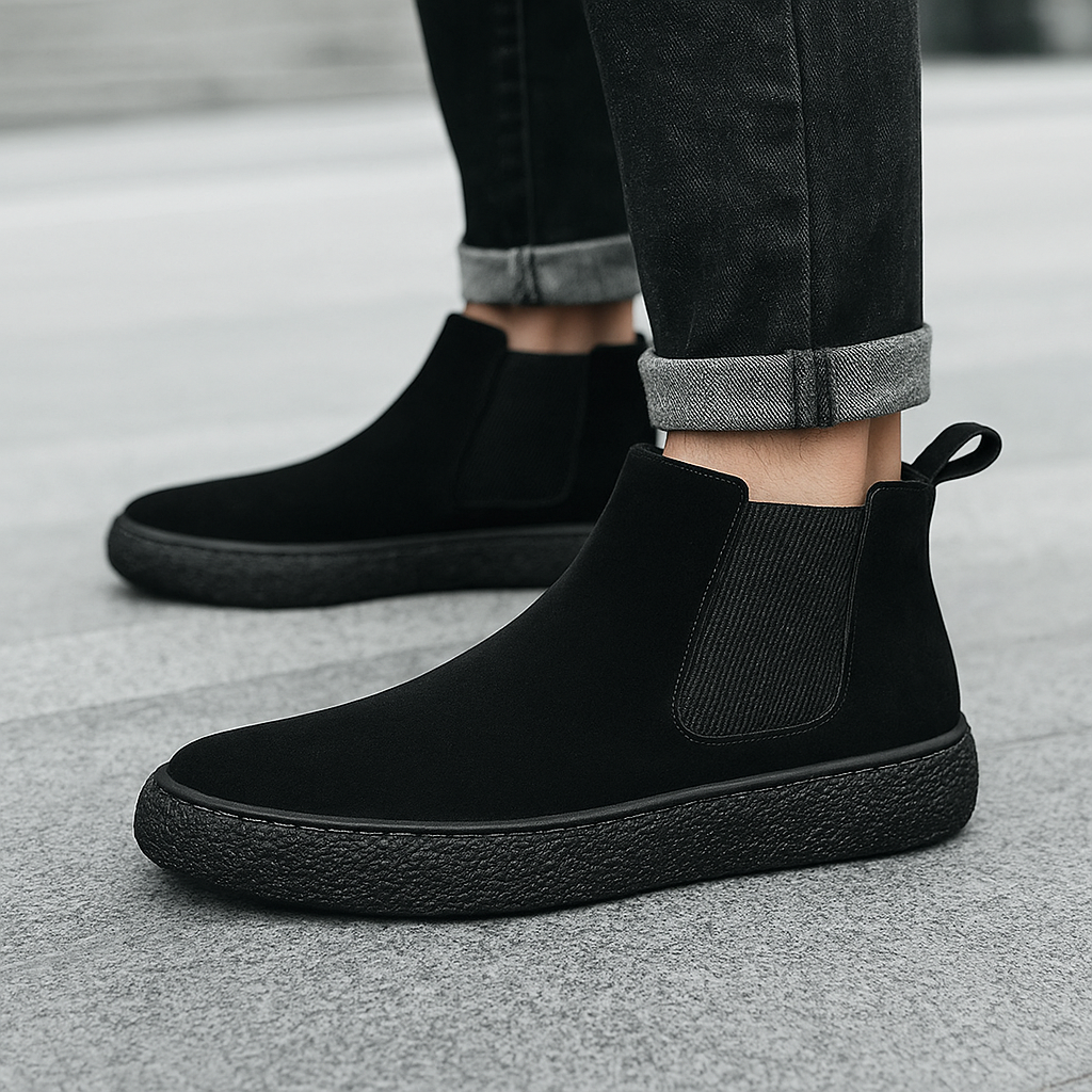 Person wearing black Chelsea boots with cuffed dark trousers, showing the side profile and chunky sole.