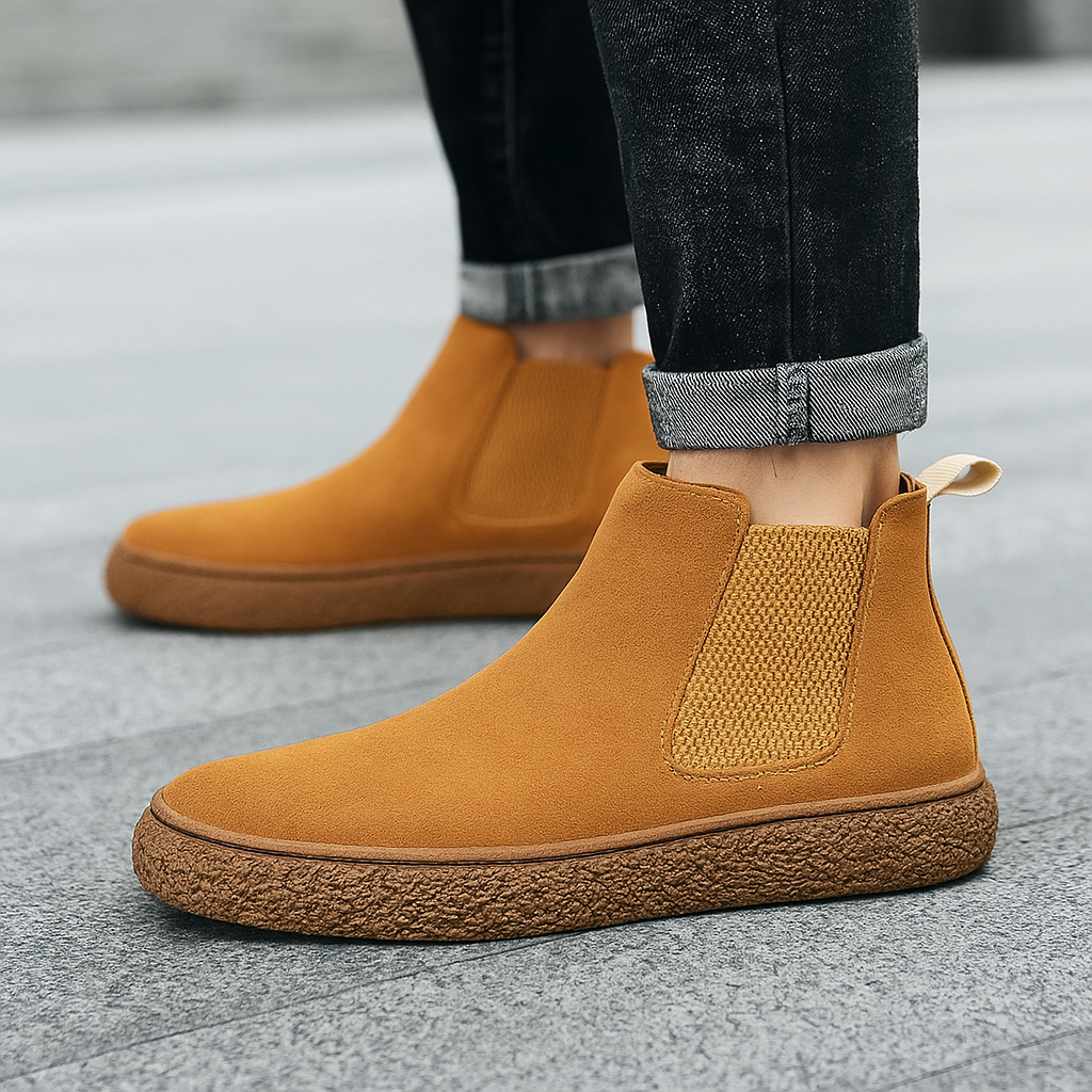 Person wearing tan Chelsea boots with cuffed dark trousers, showing the side profile and sole.