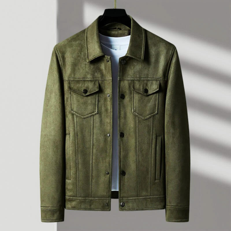 An olive green suede jacket for men with a tailored fit, button front, and two chest flap pockets, shown on a hanger