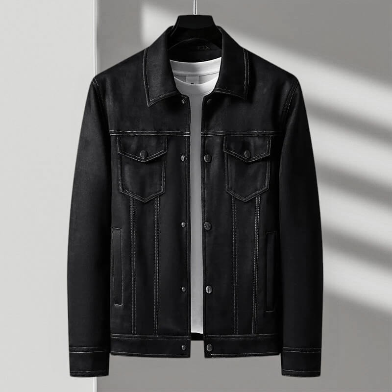 A black suede jacket for men with a tailored fit, button front, and two chest flap pockets, shown on a hanger