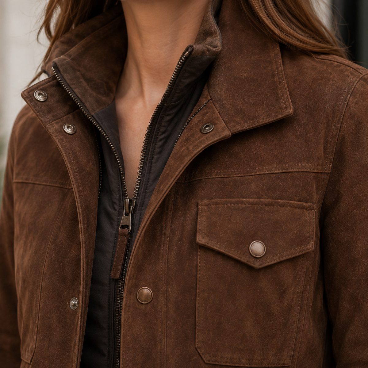 Close-up of a woman wearing a brown suede jacket, showing the zip and snap front, flap chest pockets, and tailored fit