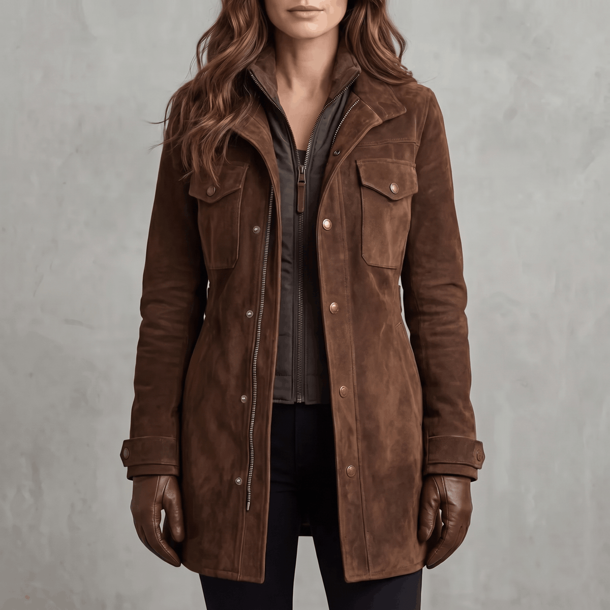A woman wearing a brown suede jacket with a longline tailored fit, zip and snap front, and flap chest pockets