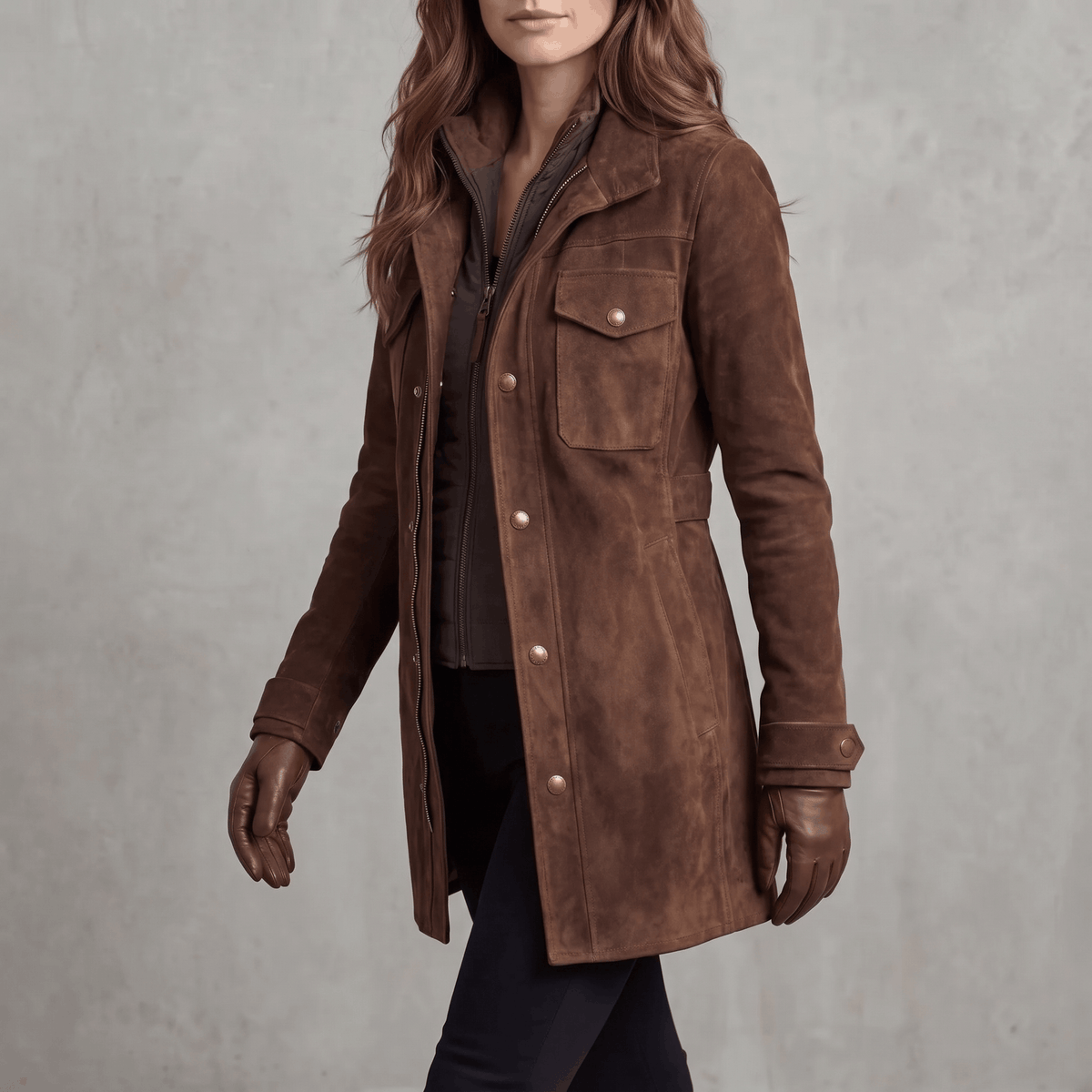 A woman wearing a brown suede jacket with a longline tailored fit, shown from the side