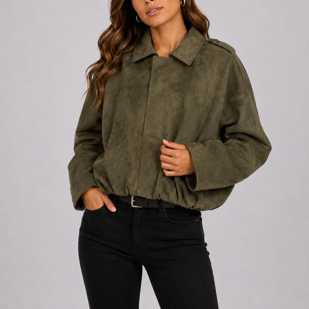 A woman wearing an olive green suede jacket with an oversized fit, bomber style, and wide sleeves