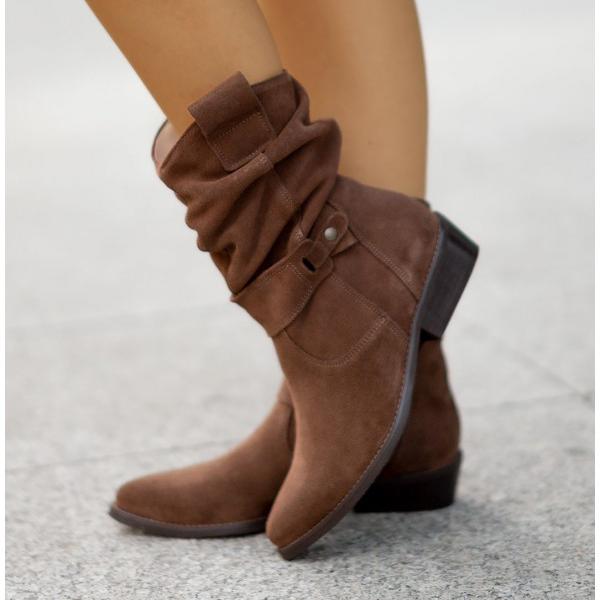 Brown suede slouchy ankle boots with folded shafts and block heels.
