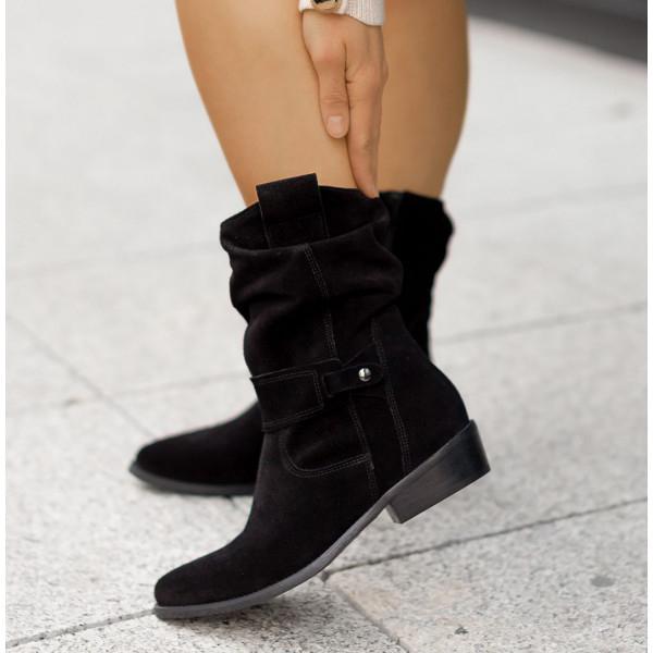 Black suede slouchy ankle boots with low block heels.