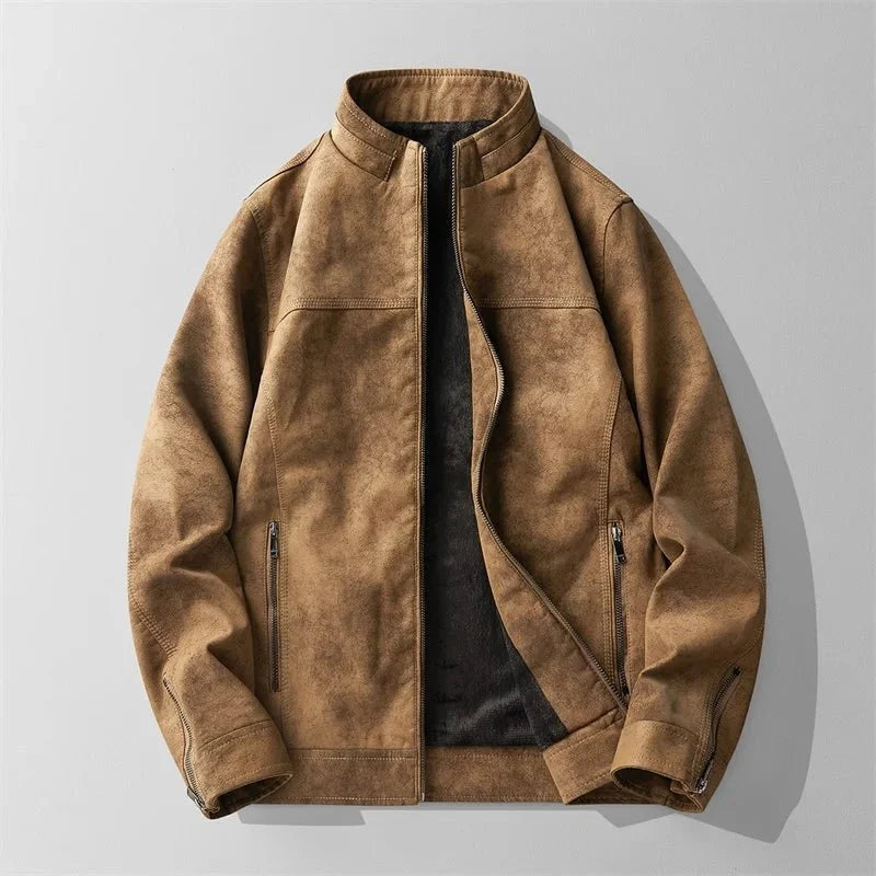 A brown suede moto jacket for men with a distressed finish, zip front, high collar, and zippered pockets
