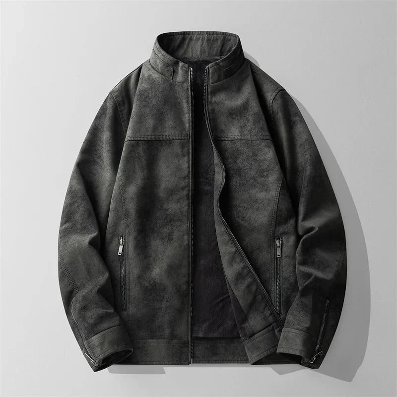 A black suede moto jacket for men with a distressed finish, zip front, high collar, and zippered pockets