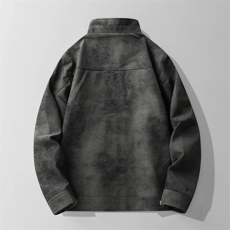 A black suede moto jacket for men shown from the back, featuring a distressed finish and high collar
