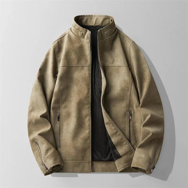 A taupe suede moto jacket for men with a distressed finish, zip front, high collar, and zippered pockets