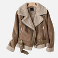 A brown suede shearling aviator jacket with a belted waist, asymmetric zip front, plush shearling collar and cuffs, shown flat