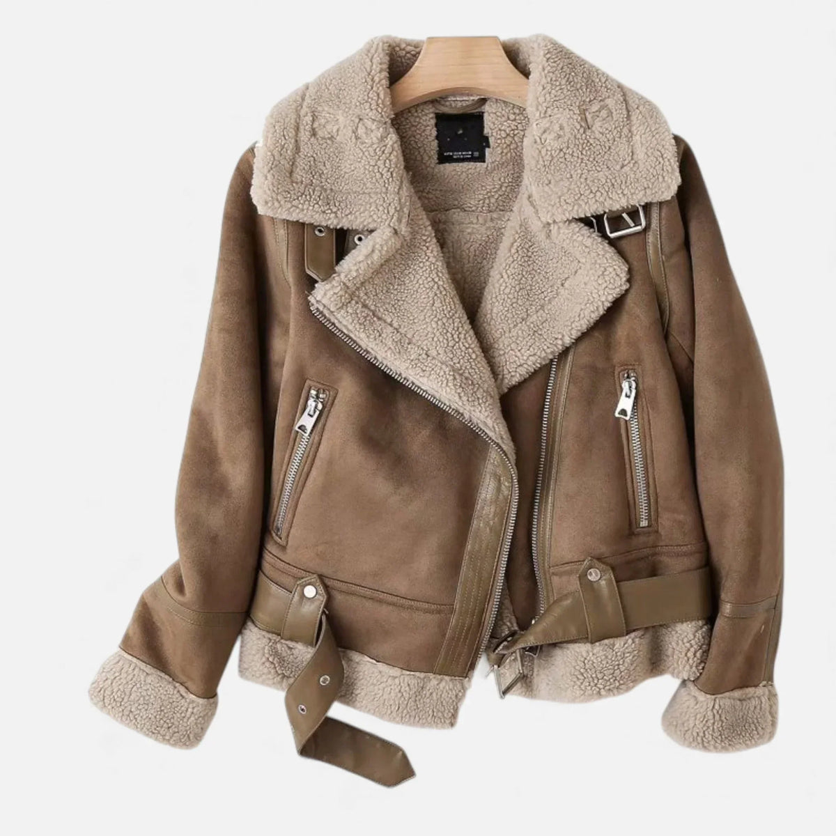 A brown suede shearling aviator jacket with a belted waist, asymmetric zip front, plush shearling collar and cuffs, shown flat
