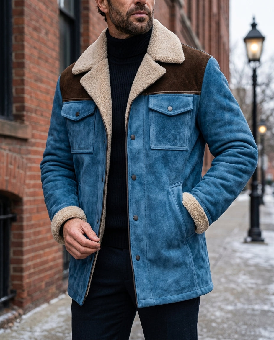 Blue suede shearling jacket for men with plush collar, button front, and utility pockets, worn by a male model