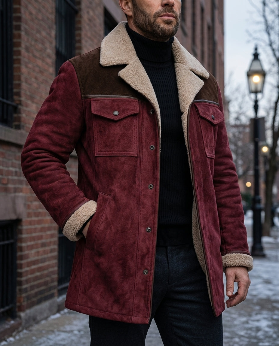 Burgundy suede shearling jacket for men with plush collar, button front, and utility pockets, worn by a male model