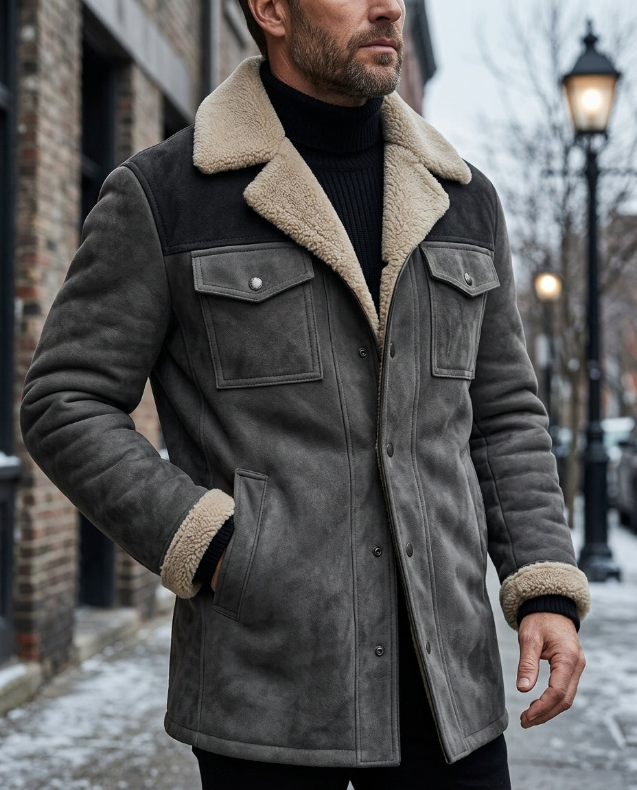 Gray suede shearling jacket for men with plush collar, button front, and utility pockets, worn by a male model