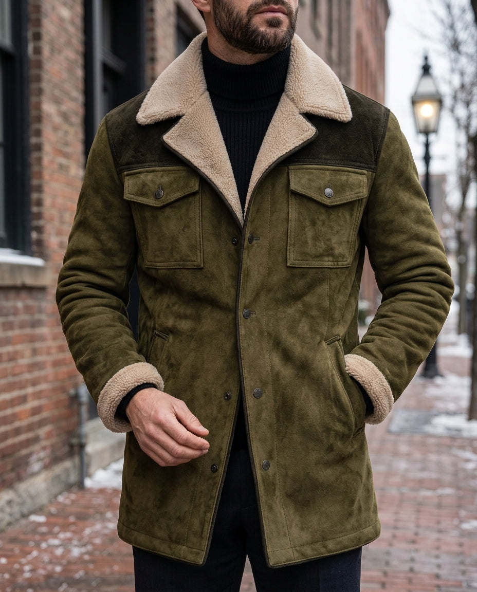 Olive Green suede shearling jacket for men with plush collar, button front, and utility pockets, worn by a male model