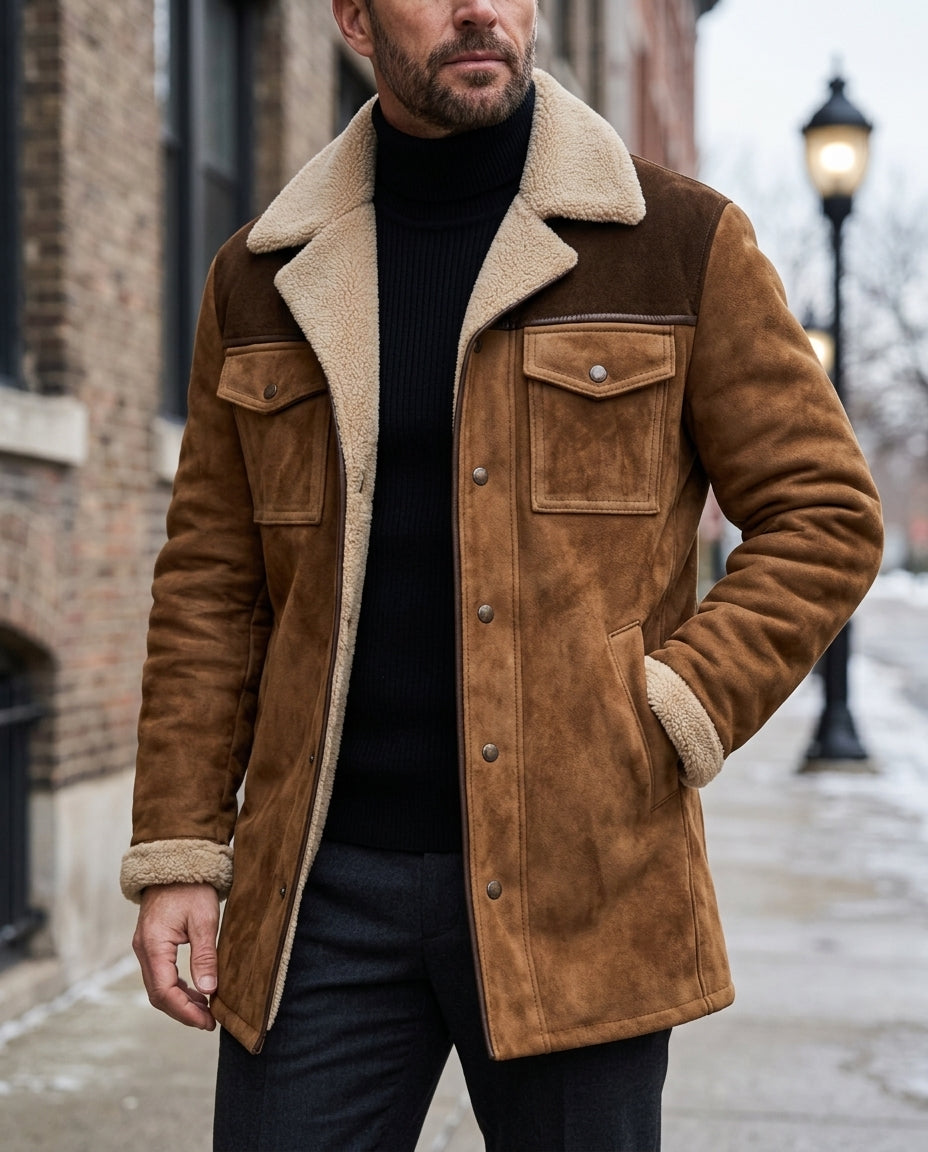 Brown suede shearling jacket for men with plush collar, button front, utility pockets, and warm lining, worn by a male model