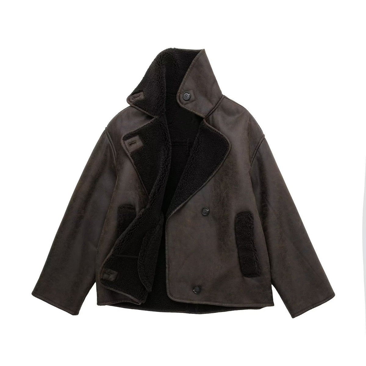 Dark Brown suede shearling jacket for women with a boxy fit, plush lining, and aviator style