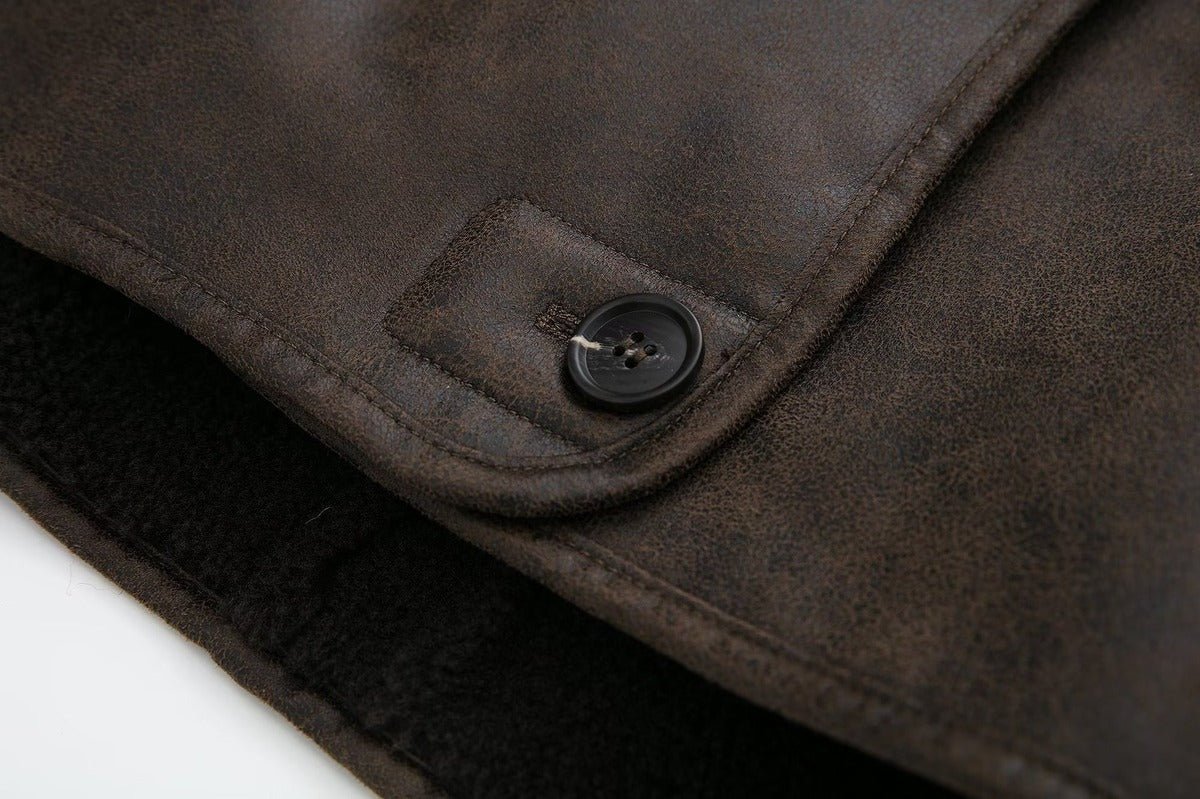 Dark Brown suede shearling jacket close-up showing the textured suede finish and button closure