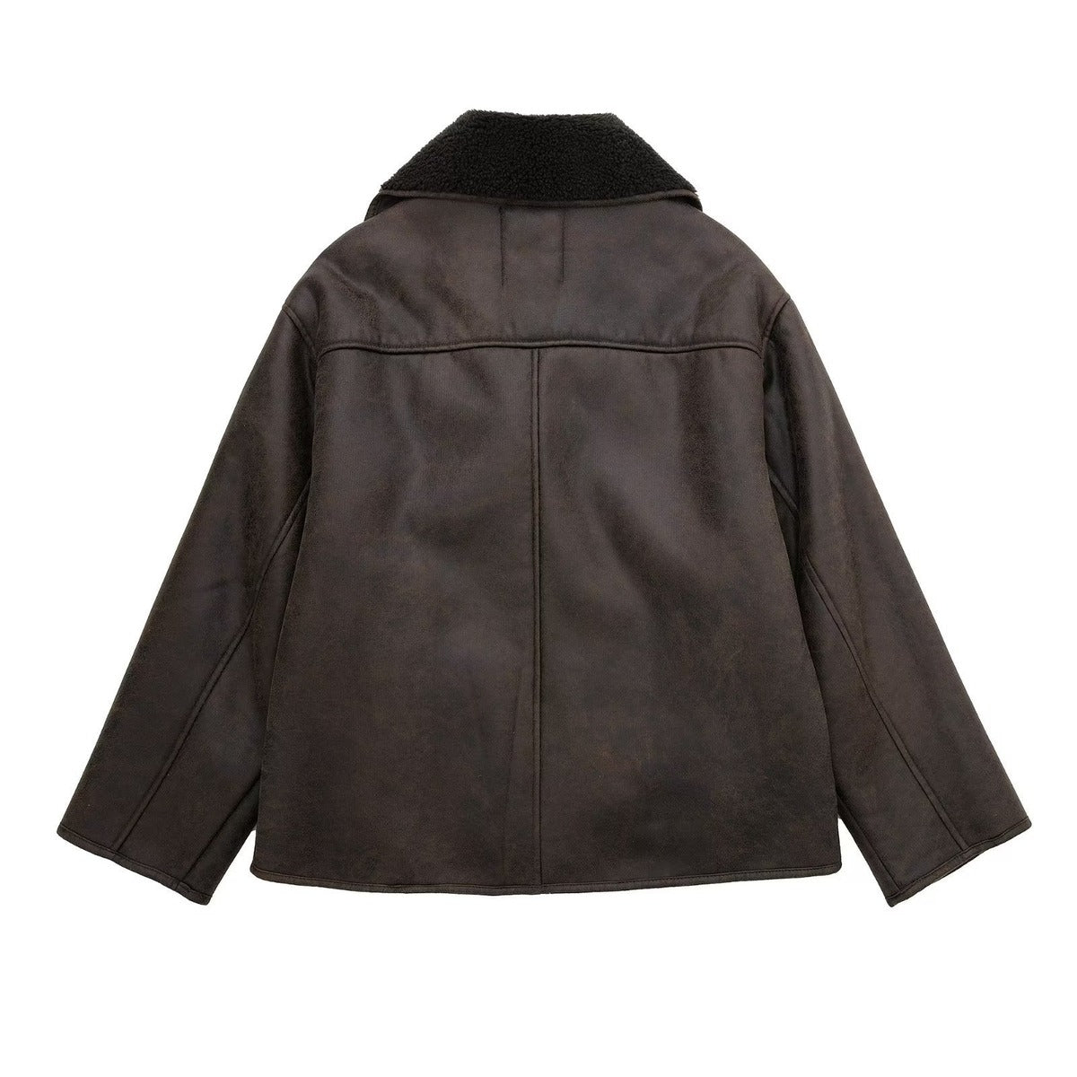 Dark Brown suede shearling jacket shown from the back, featuring a boxy fit and structured silhouette