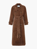 A brown suede trench coat for women with a belted waist, double-breasted button front, longline fit, and long sleeves, shown on a hanger