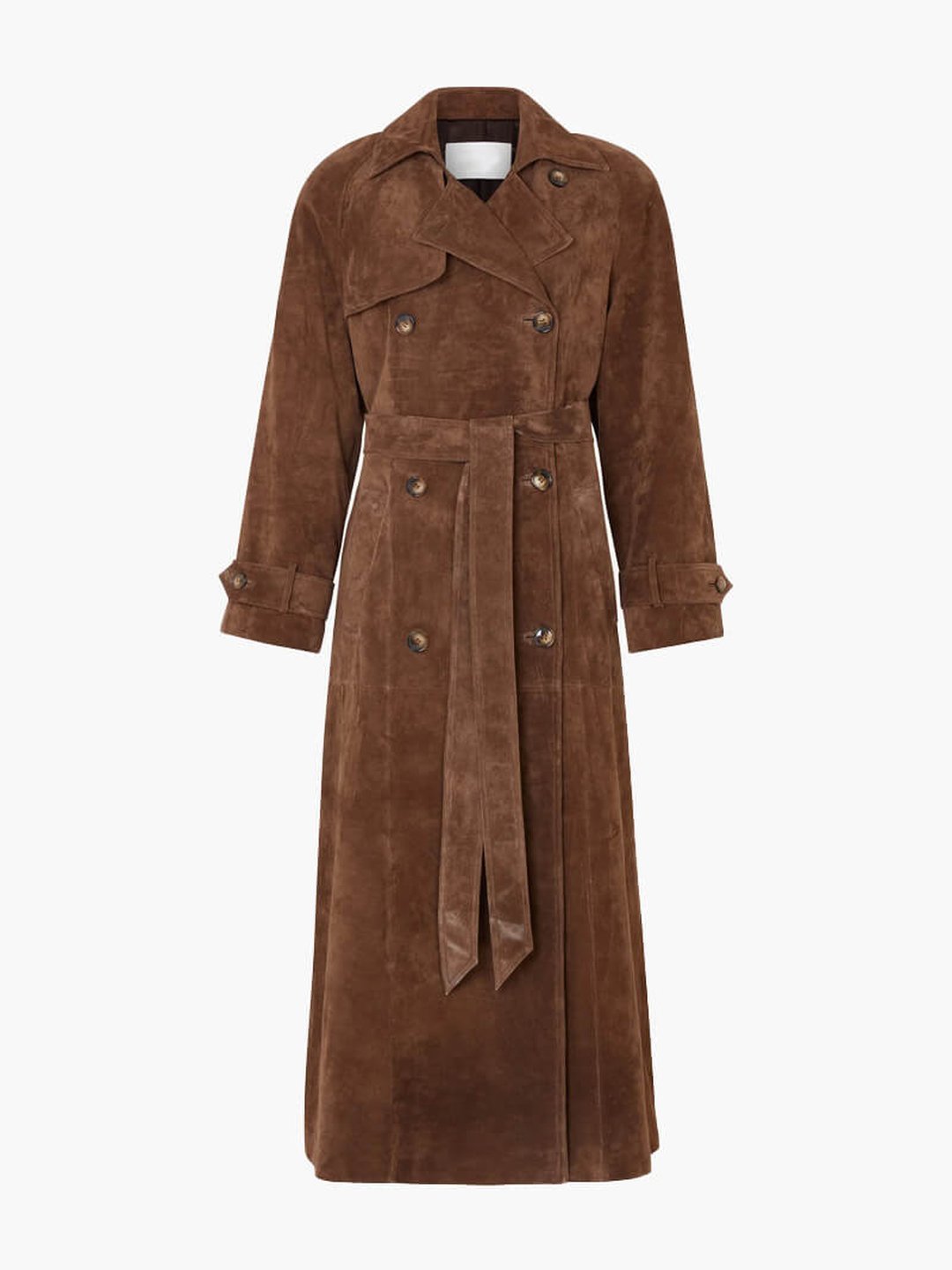 A brown suede trench coat for women with a belted waist, double-breasted button front, longline fit, and long sleeves, shown on a hanger
