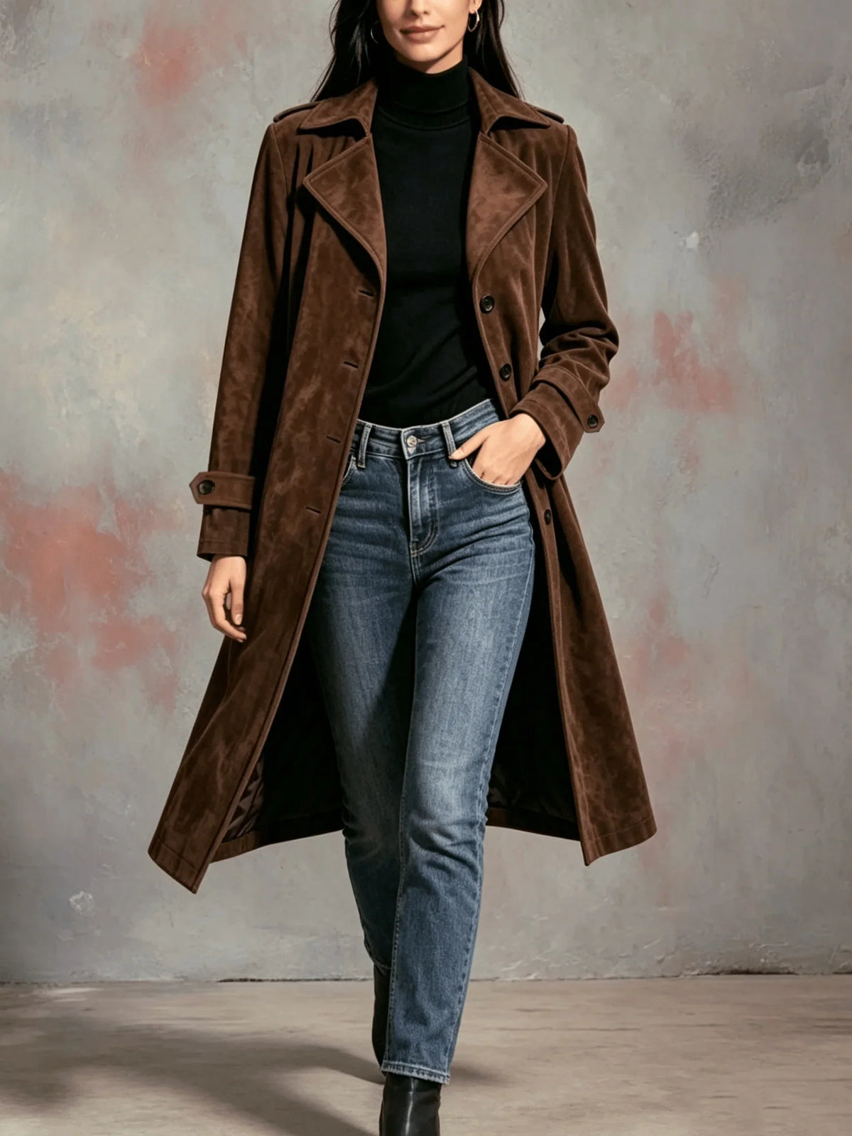 A woman wearing a brown suede trench coat with a longline fit, belted waist, button front, and lapel collar, full-body view