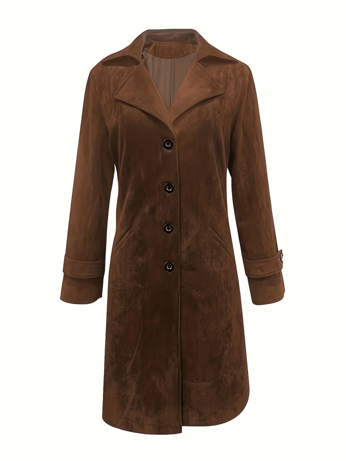 A brown suede trench coat with a longline fit, belted waist, button front, and lapel collar, shown from the front