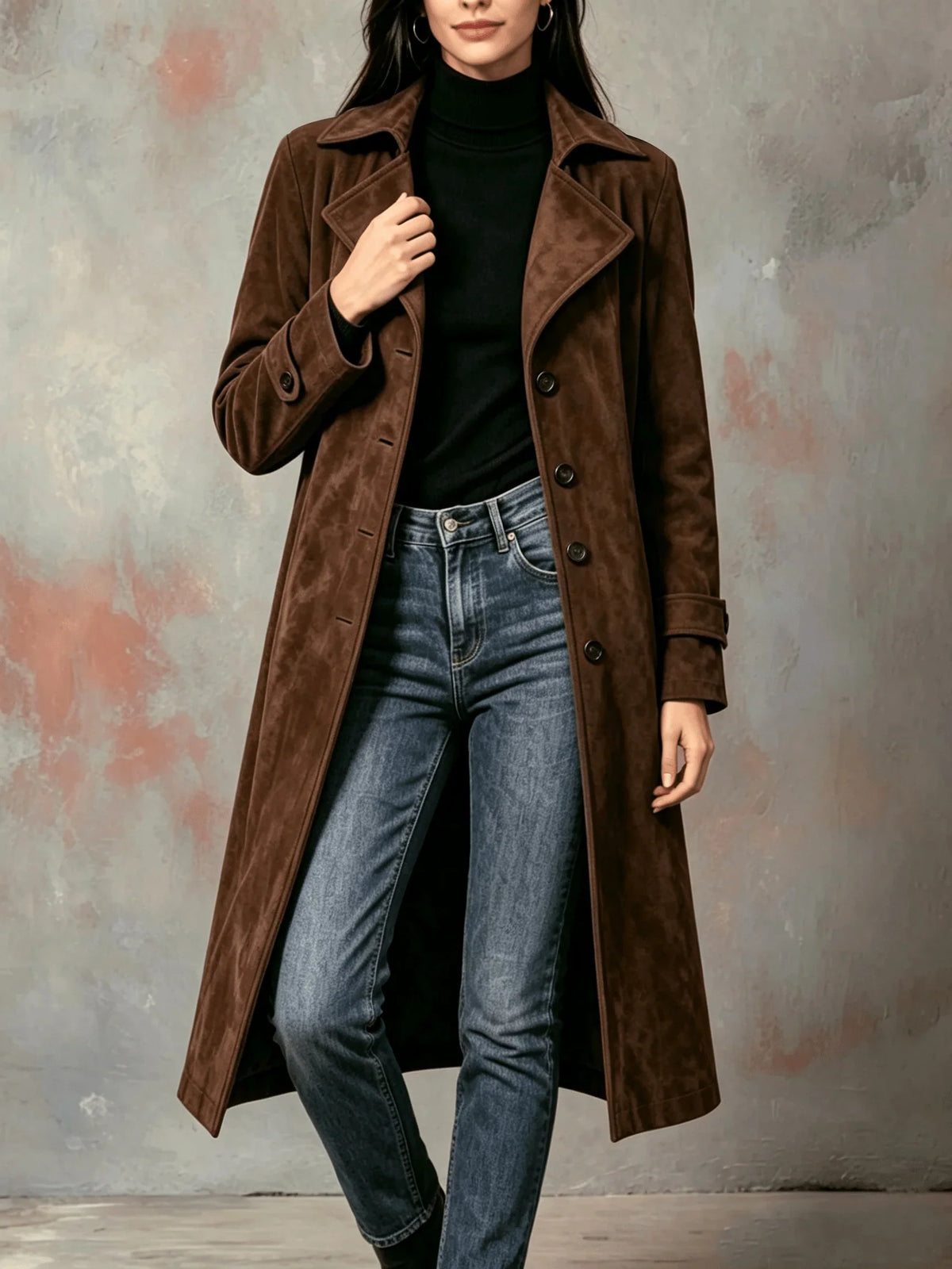 A woman wearing a brown suede trench coat with a longline fit, belted waist, button front, and lapel collar, adjusting the collar
