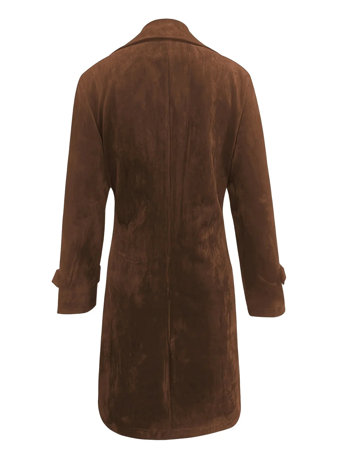A brown suede trench coat with a longline fit, belted waist, and button front, shown from the back