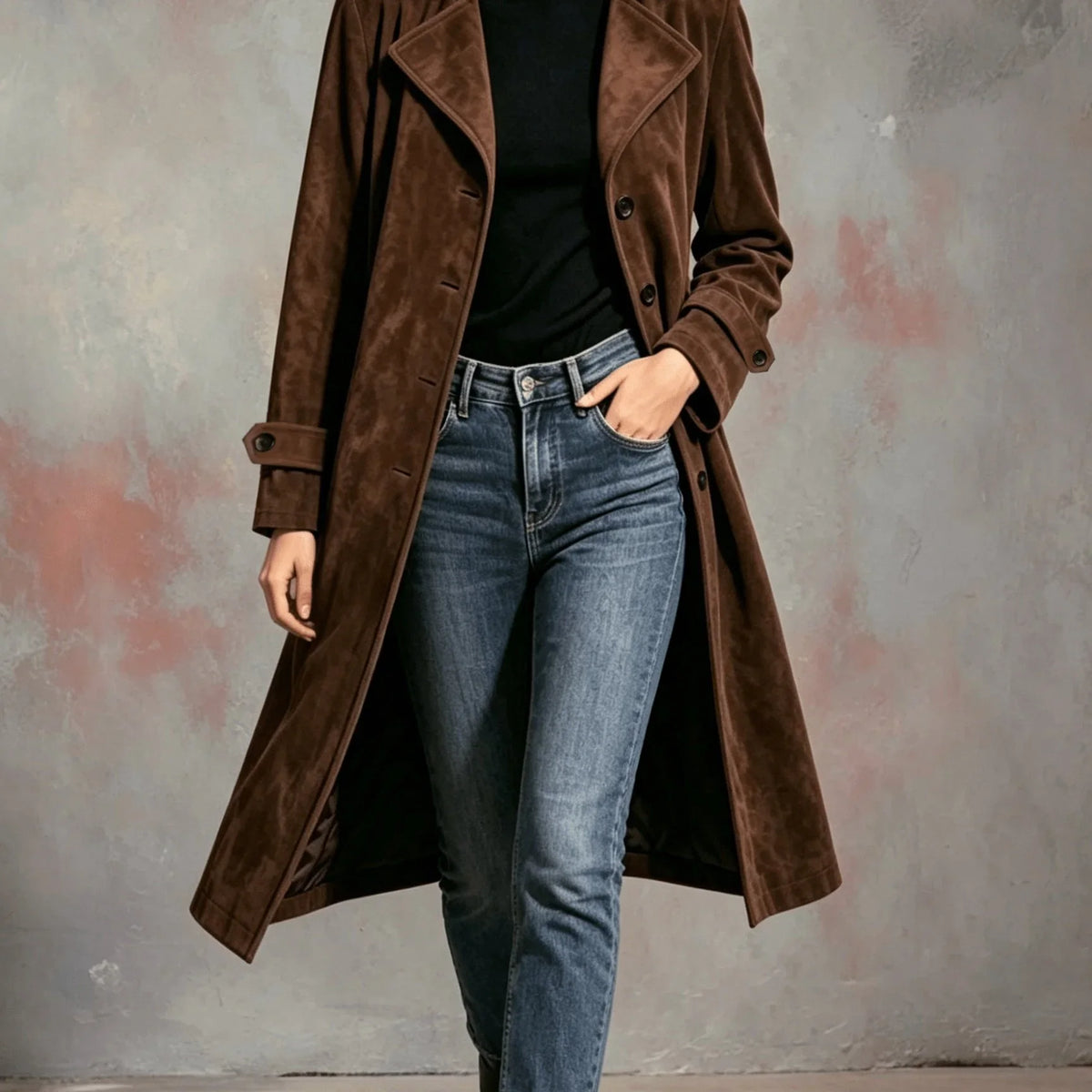 A woman wearing a brown suede trench coat with a longline fit, belted waist, button front, and lapel collar