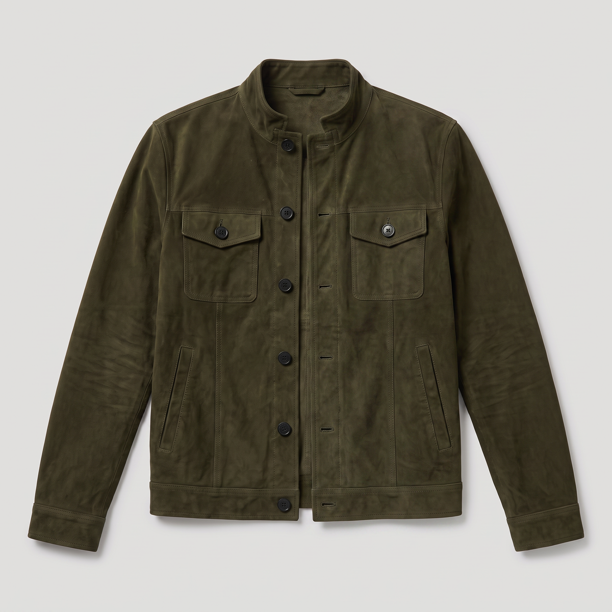 Olive green suede trucker jacket with a button front, stand collar, and chest pockets, shown flat